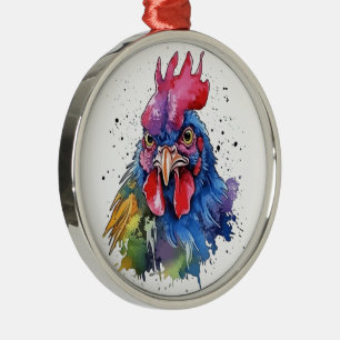 Country Rooster Chicken Watercolor Style Metal Tree Decoration
