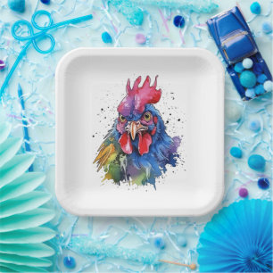 Country Rooster Chicken Watercolor Style Paper Plate