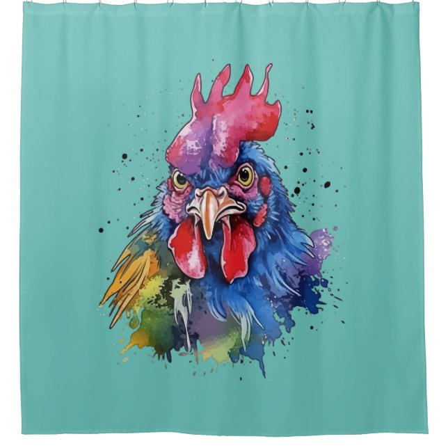 Country Rooster Chicken Watercolor Style Shower Curtain (Front)