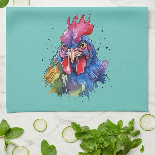 Country Rooster Chicken Watercolor Style Tea Towel (Folded)