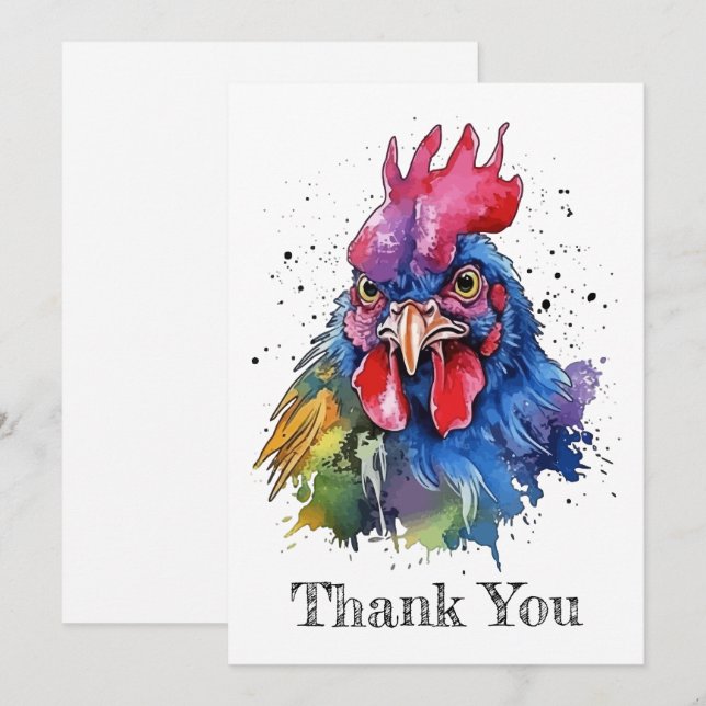 Country Rooster Chicken Watercolor Style Thank You Card (Front/Back)