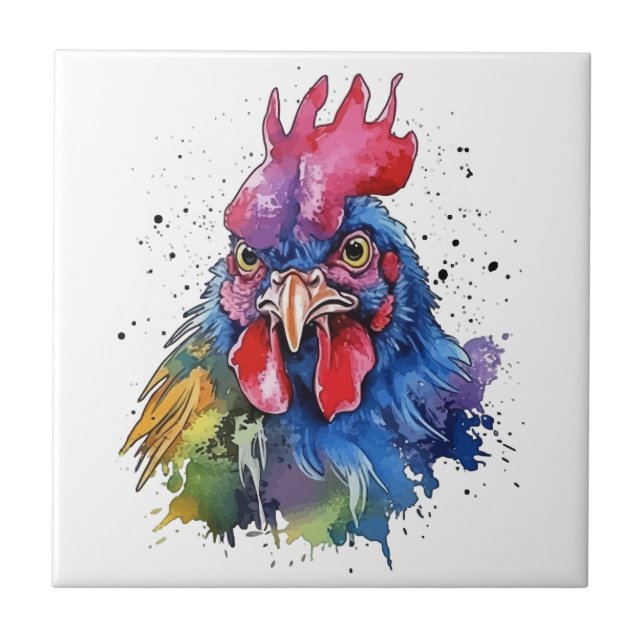 Country Rooster Chicken Watercolor Style Tile (Front)