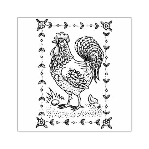 COUNTRY ROOSTER, EGG & CHICK FOLK ART BORDER nice Rubber Stamp