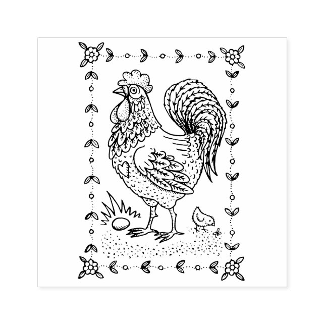 COUNTRY ROOSTER, EGG & CHICK FOLK ART BORDER nice Rubber Stamp (Imprint)