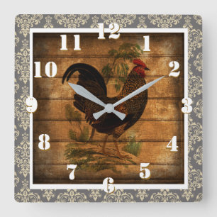 Country Rooster Ornate Rustic and Elegant Damask Square Wall Clock