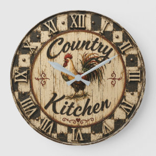 Country Rooster Rustic Farmhouse Kitchen Large Clock