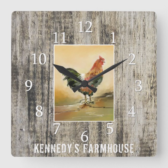 Country Rooster Rustic Wood Farmhouse Family Name Square Wall Clock (Front)