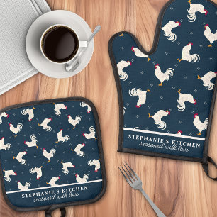 Country Roosters Pattern Navy Personalised Oven Mitt & Pot Holder Set