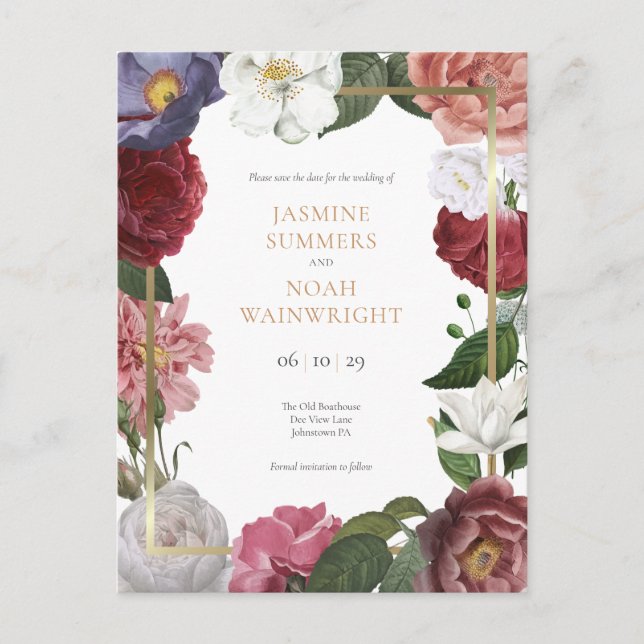 Country Rose Faux Gold Foil Save the Date Postcard (Front)