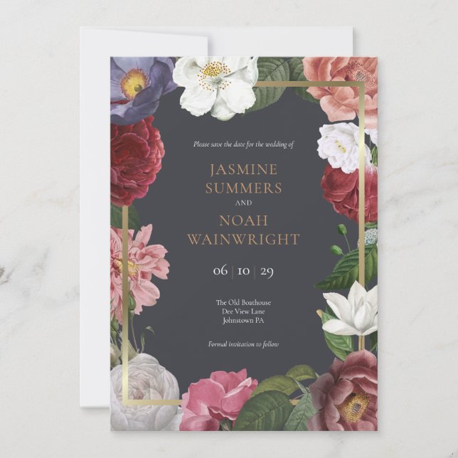Country Rose Floral Faux Gold Foil Save the Date Invitation (Front)