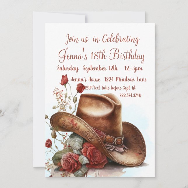 Country Roses, Cowboy Hat, 18th Birthday       Invitation (Front)