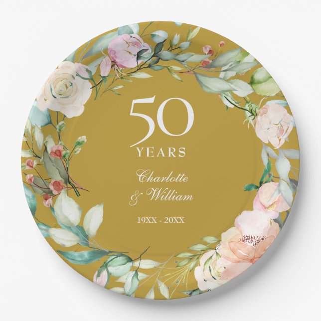 Country Roses Garland 50th Wedding Anniversary Paper Plate (Front)