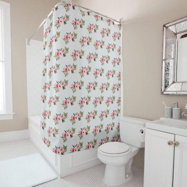 Country Roses Pattern Dove Grey Shower Curtain (In Situ)