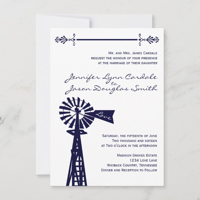 Country Rural Windmill Navy Wedding Invitations (Front)