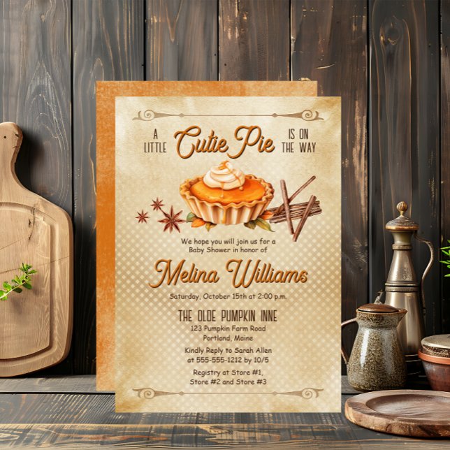 Country Rustic A Little Cutie Pie Baby Shower Invitation ("A Little Cutie Pie Is  On The Way" Rustic Country Pumpkin Pie Fall | Autumn Baby Shower Invitation)