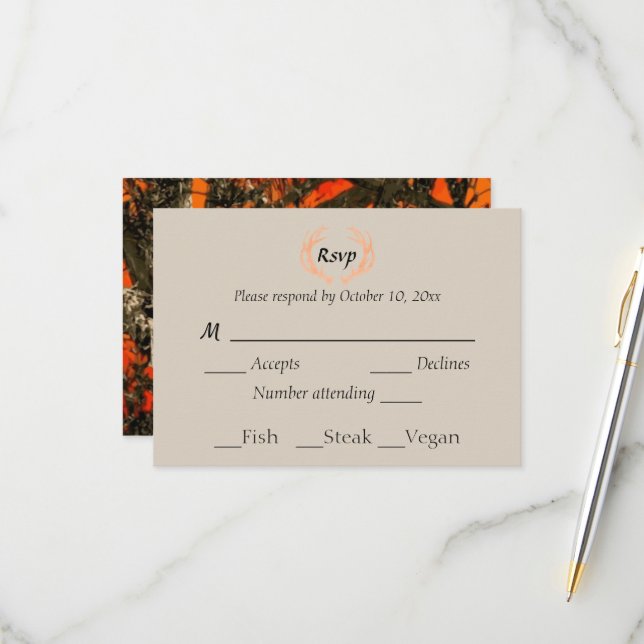 Country Rustic Antlers Camo RSVP Card (Front/Back In Situ)