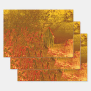 Country Rustic Barn Fall Orange Yellow Vintage Wrapping Paper Sheet