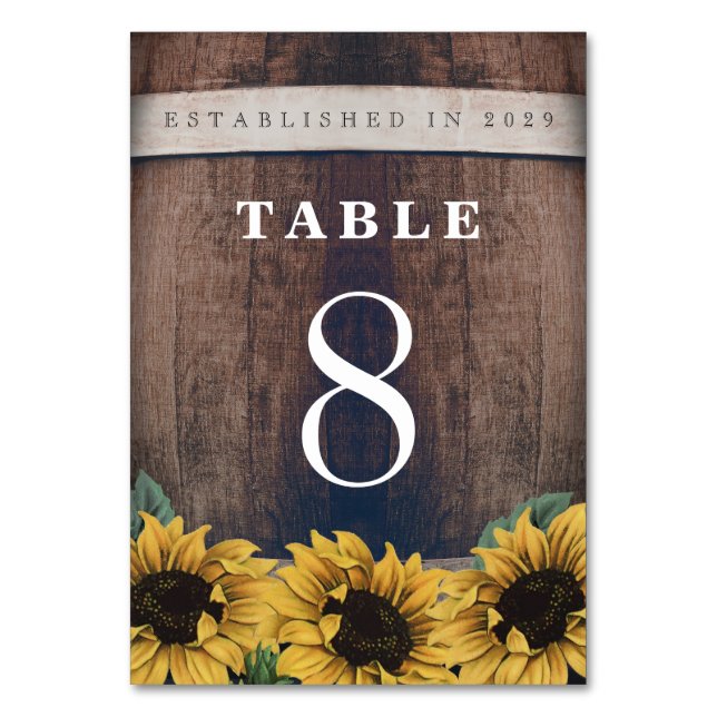 Country Rustic Barrel Vintage Sunflower Wedding Table Number (Front)