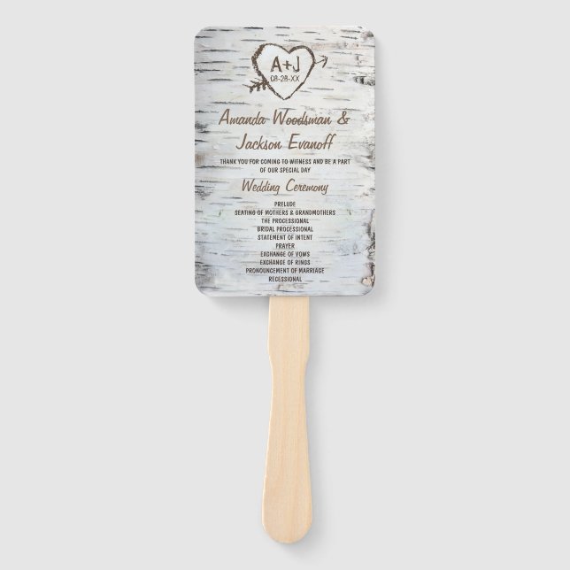 Country Rustic Birch Tree Bark Wedding Programs Hand Fan (Front)