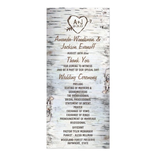 Country Rustic Birch Tree Bark Wedding Programs Rack Card (Front)