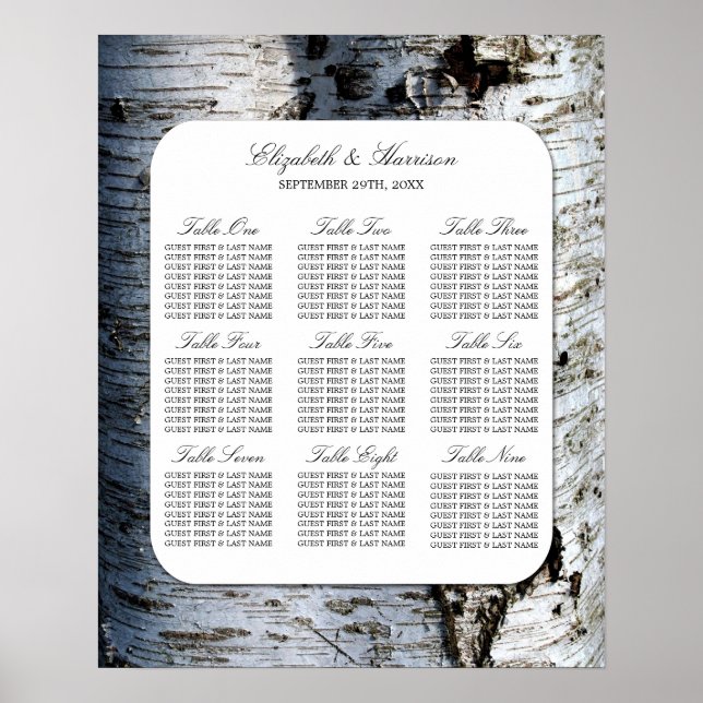 Country Rustic Birch Tree Wedding Seating Chart (Front)