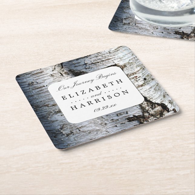 Country Rustic Birch Tree Wedding Square Paper Coaster (Angled)