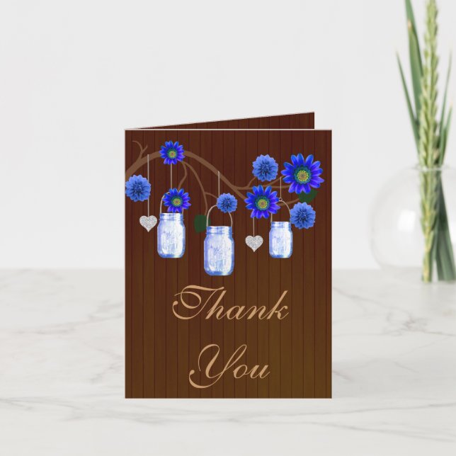 Country Rustic Blue Mason Jars Thank You Card (Front)