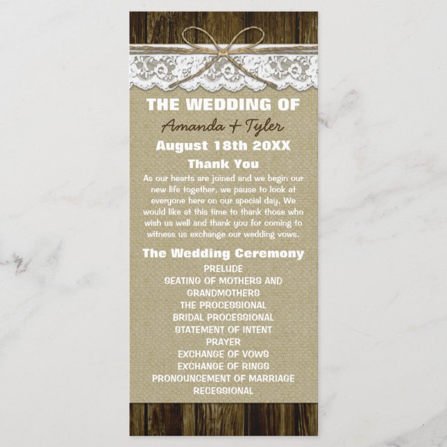 Country Rustic Burlap and Lace Wedding Programs Programme (Front)