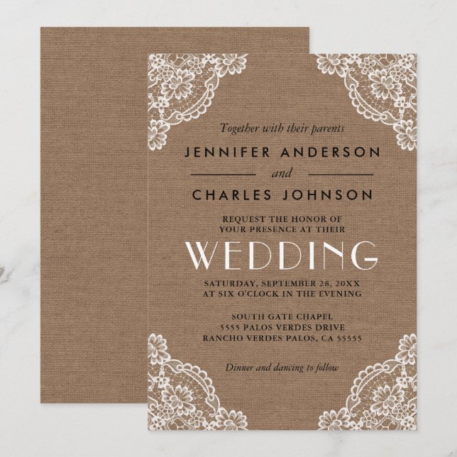 Country Rustic Burlap Lace Corner Detail Wedding Invitation (Front/Back)