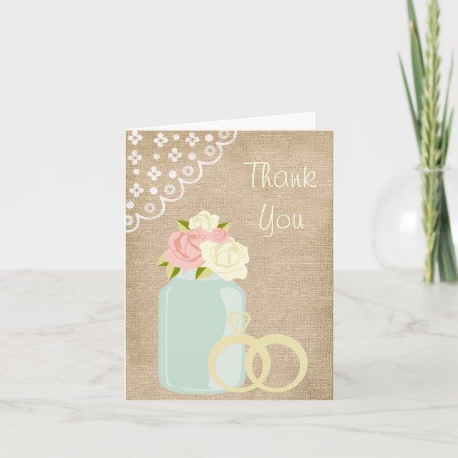 Country Rustic Burlap Lace Mason Jar Thank You Card (Front)