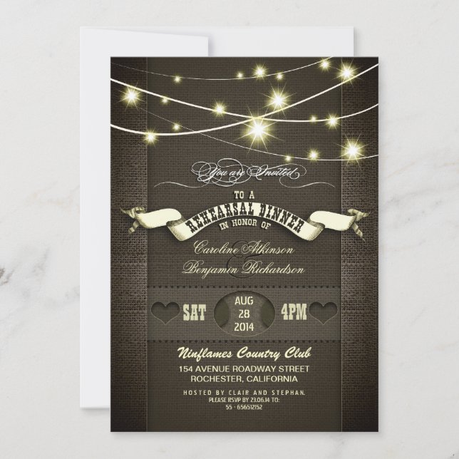 country rustic burlap & lights rehearsal dinner invitation (Front)