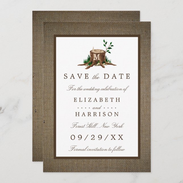 Country Rustic Burlap Monogram Tree Save The Date (Front/Back)