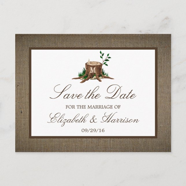 Country Rustic Burlap Monogram Tree Save The Date Announcement Postcard (Front)
