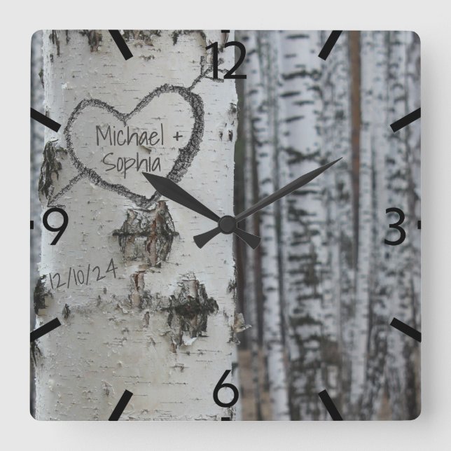 Country Rustic Carved Heart Birch Tree Square Wall Clock (Front)