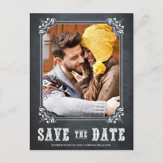COUNTRY RUSTIC CHALKBOARD SAVE THE DATE POSTCARD (Front)