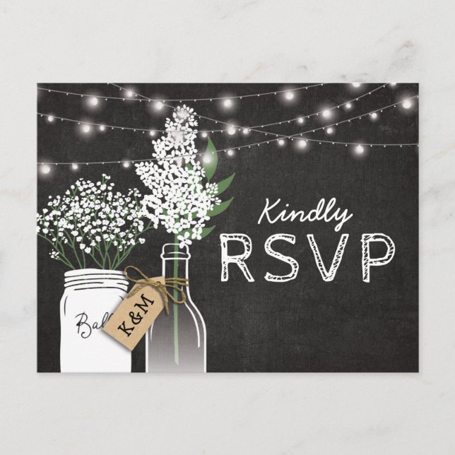 Country Rustic Chalkboard Wood Wedding RSVP Invitation Postcard (Front)