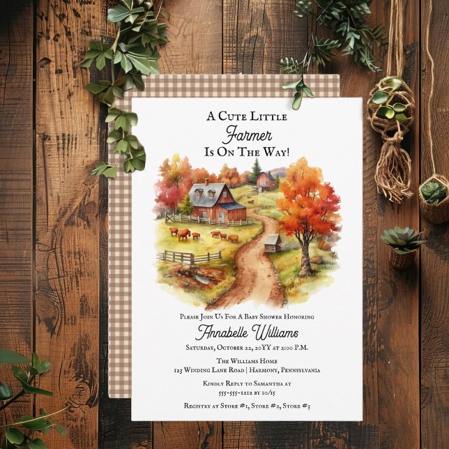 Country Rustic Cute Little Farmer Baby Shower Invitation ("A Cute Little Farmer Is On The Way!" Country Rustic Barnyard Autumn Scene Baby Shower Invitation)