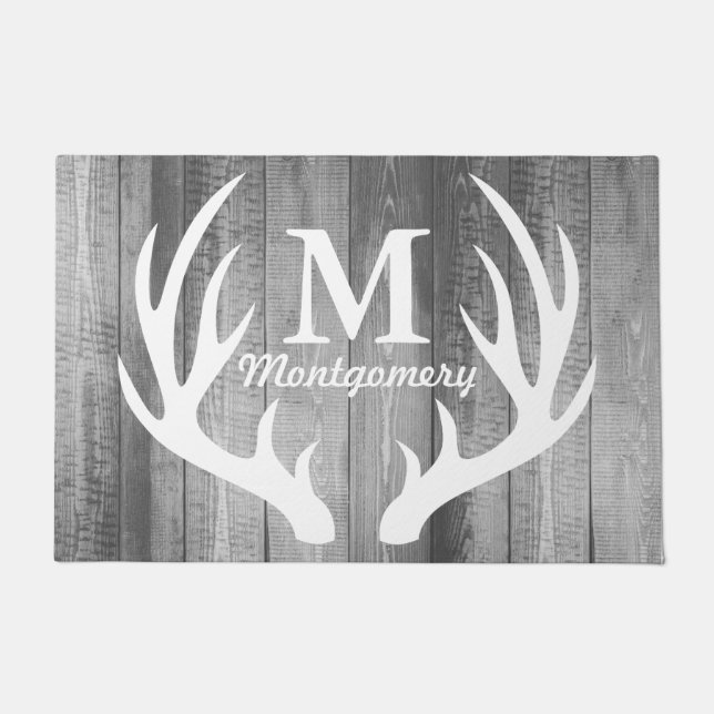 Country Rustic Deer Antlers Grey Wood Planks Doormat (Front)