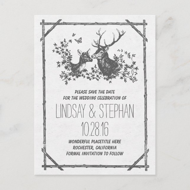 Country rustic deer save the date postcards (Front)