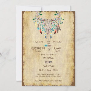 Country Rustic, Deer Skull, Feathers, Wedding   Invitation