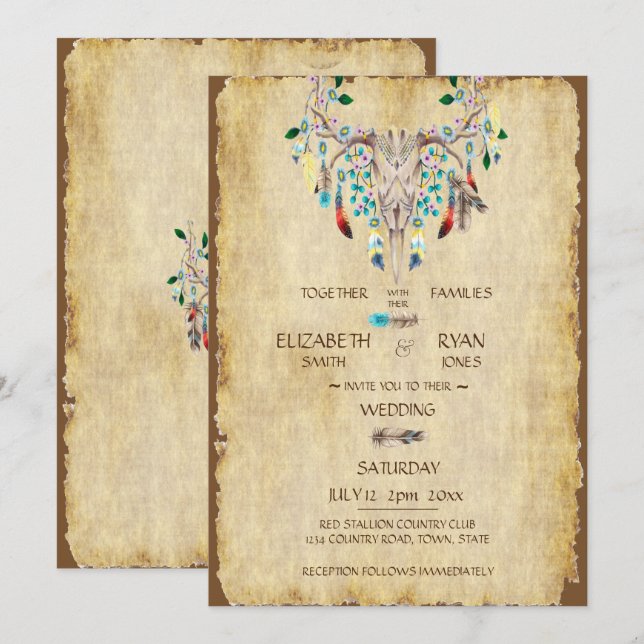 Country Rustic, Deer Skull, Feathers, Wedding Invitation (Front/Back)