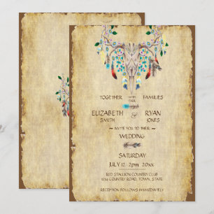 Country Rustic, Deer Skull, Feathers, Wedding Invitation