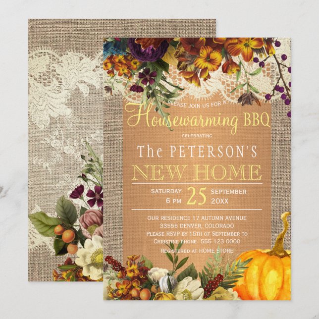 Country rustic fall floral burlap housewarming bbq invitation (Front/Back)