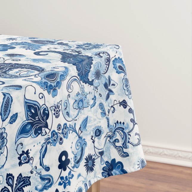 Country Rustic Farmhouse Blue and White Paisley Tablecloth (In Situ)