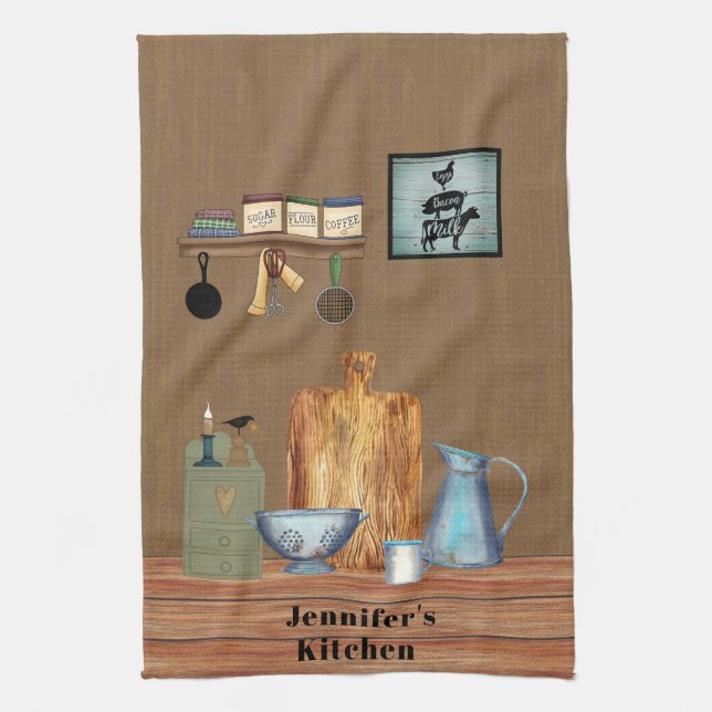 Country Rustic Farmhouse Kitchen Personalised Tea Towel (Vertical)