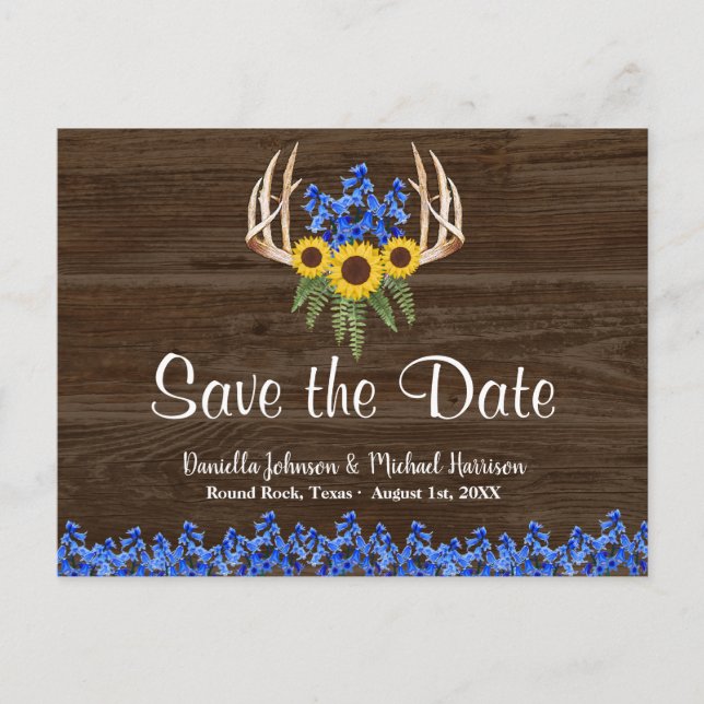 Country Rustic Floral Antlers SAVE THE DATE Postcard (Front)