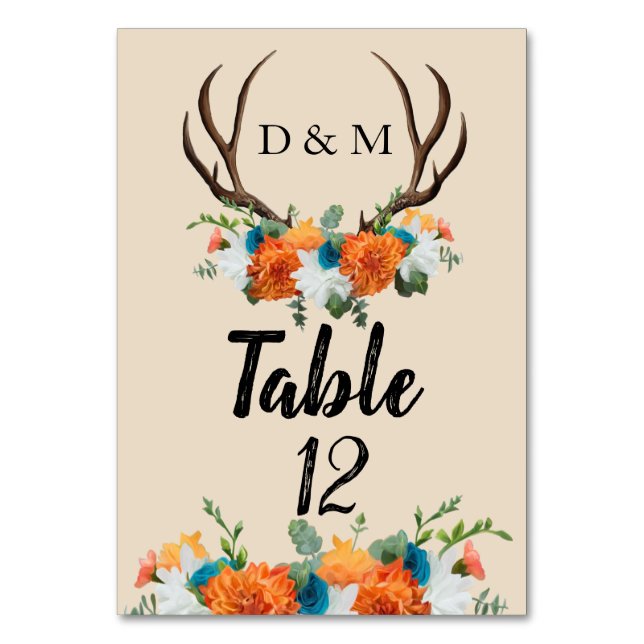 Country Rustic Floral Antlers Table Number (Front)
