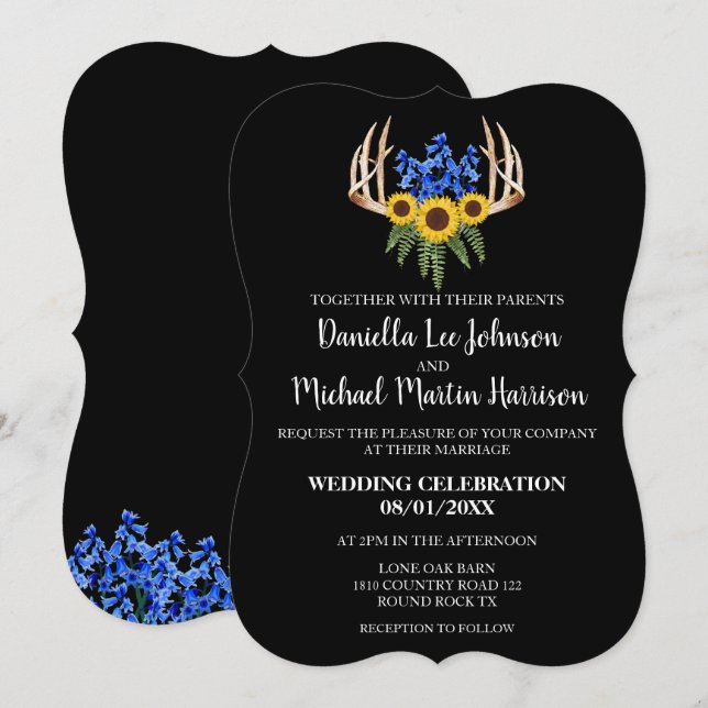Country Rustic Floral Antlers Wedding Invitation (Front/Back)