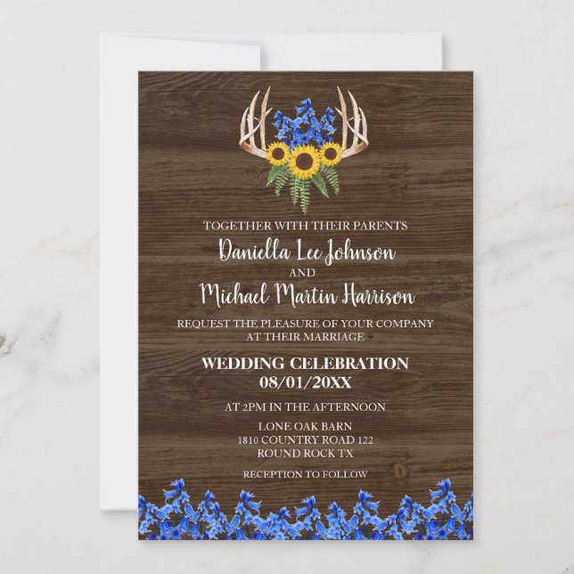 Country Rustic Floral Antlers Wedding Invitation (Front)