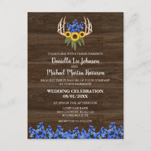 Country Rustic Floral Antlers Wedding Invitation Postcard
